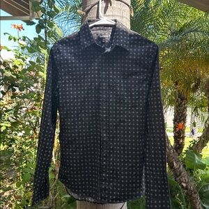 Men's collared, Express Black Dress Shirt with Brown Circular Design